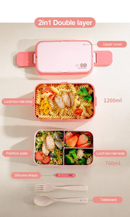 Portable Lunch Box Bamboo Fiber 3 in 1 Double Layer Bento BOX, Microwavable Picnic Lunch Box