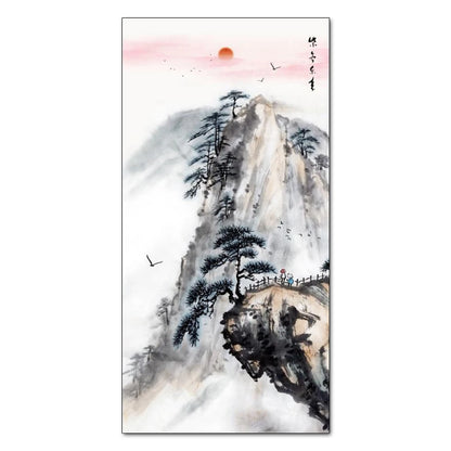 Chinese Ink Style Pine Tree Alpine Flow Water Wall Art Poster – Elegant Canvas Painting for Home and Office Decor