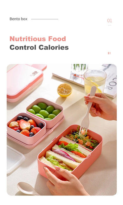 Portable Lunch Box Bamboo Fiber 3 in 1 Double Layer Bento BOX, Microwavable Picnic Lunch Box