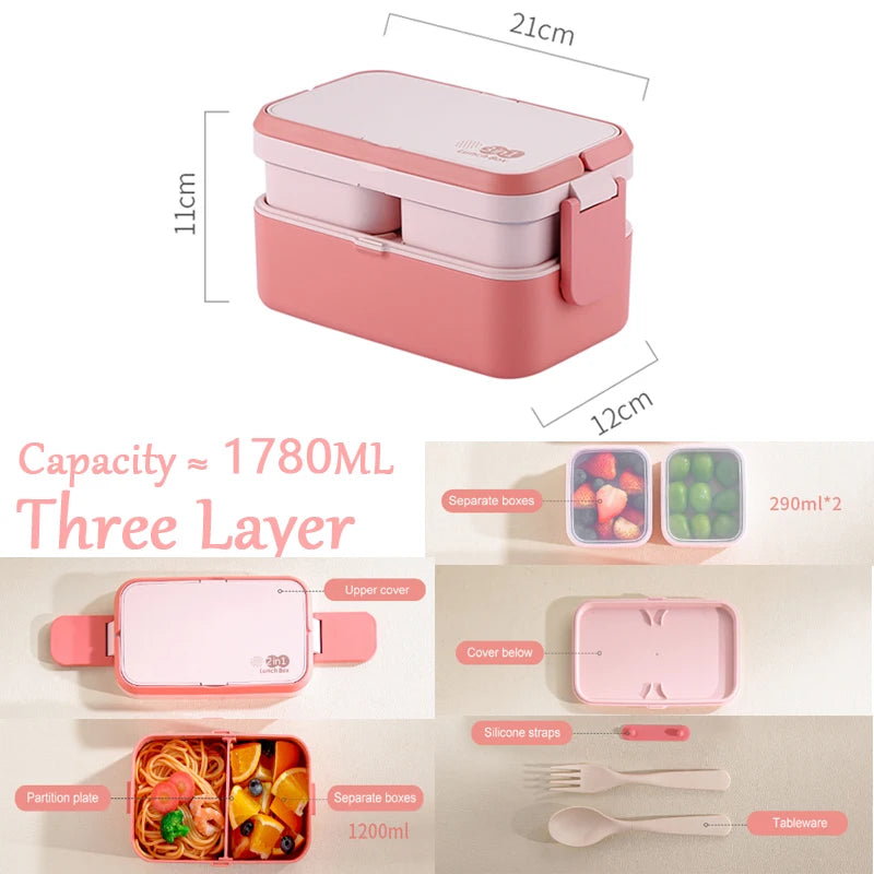 Portable Lunch Box Bamboo Fiber 3 in 1 Double Layer Bento BOX, Microwavable Picnic Lunch Box