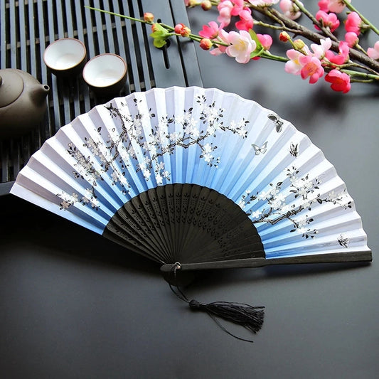 Chinese Japanese Silk Bamboo Folding Fan – Elegant Handheld Art Craft