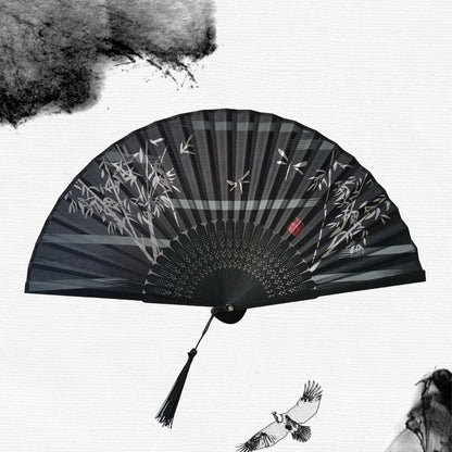 Chinese Japanese Silk Bamboo Folding Fan – Elegant Handheld Art Craft