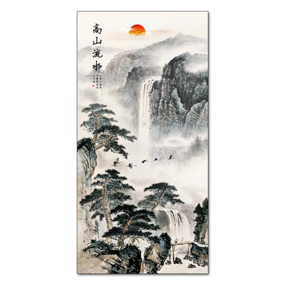 Chinese Ink Style Pine Tree Alpine Flow Water Wall Art Poster – Elegant Canvas Painting for Home and Office Decor